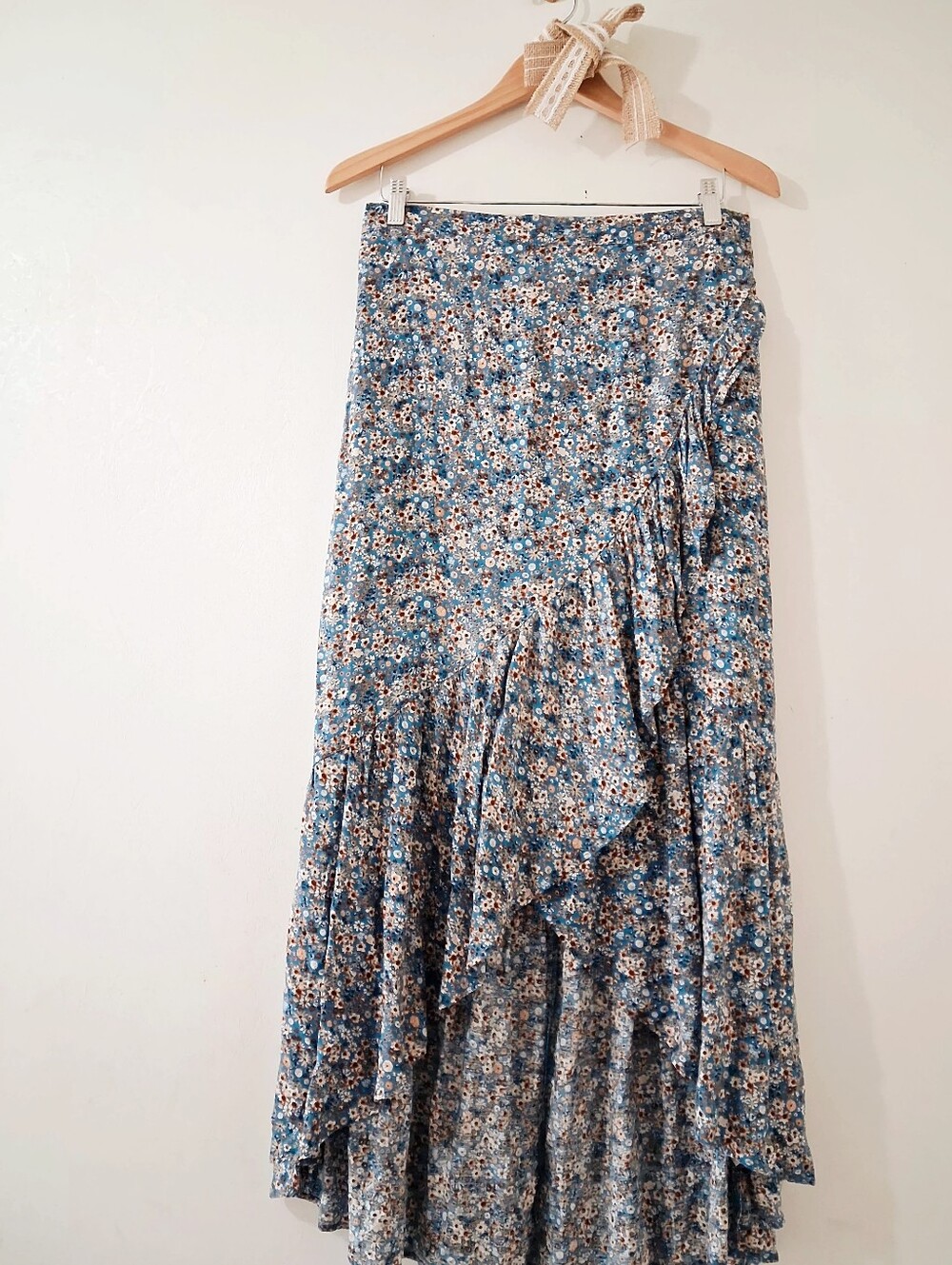 Sonoma Goods Cottage Blue Wildflower Harvest Floral Boho Ruffled Wrap Maxi Skirt